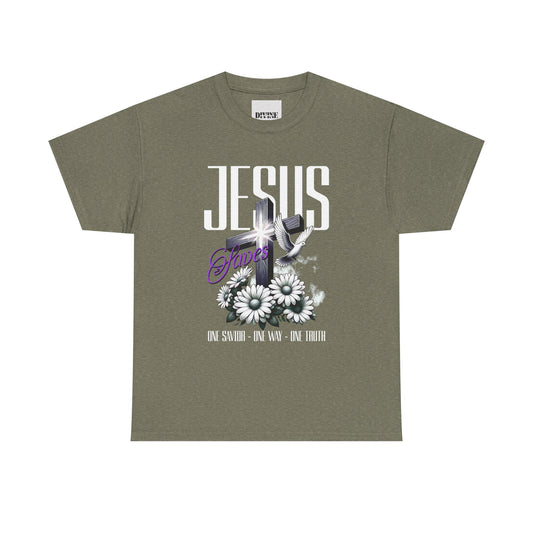 Unisex Heavy Cotton Tee - Faith Inspired Floral Cross Design